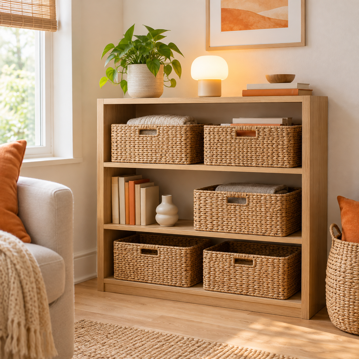 Tidy modern home shelf with storage baskets and a warm lamp