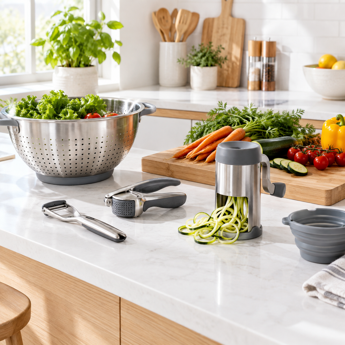 Bright kitchen counter with clever kitchen gadgets