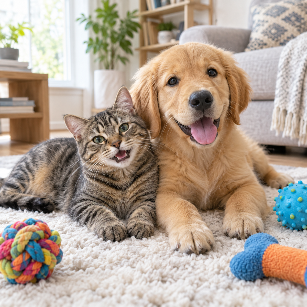 Happy cat and golden retriever puppy with pet toys