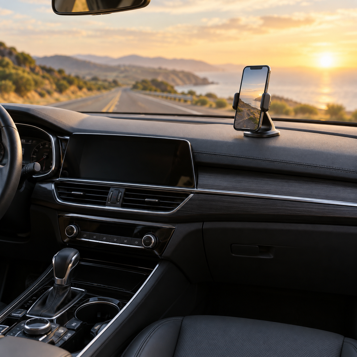 Car dashboard with a phone in a sleek mount at golden hour