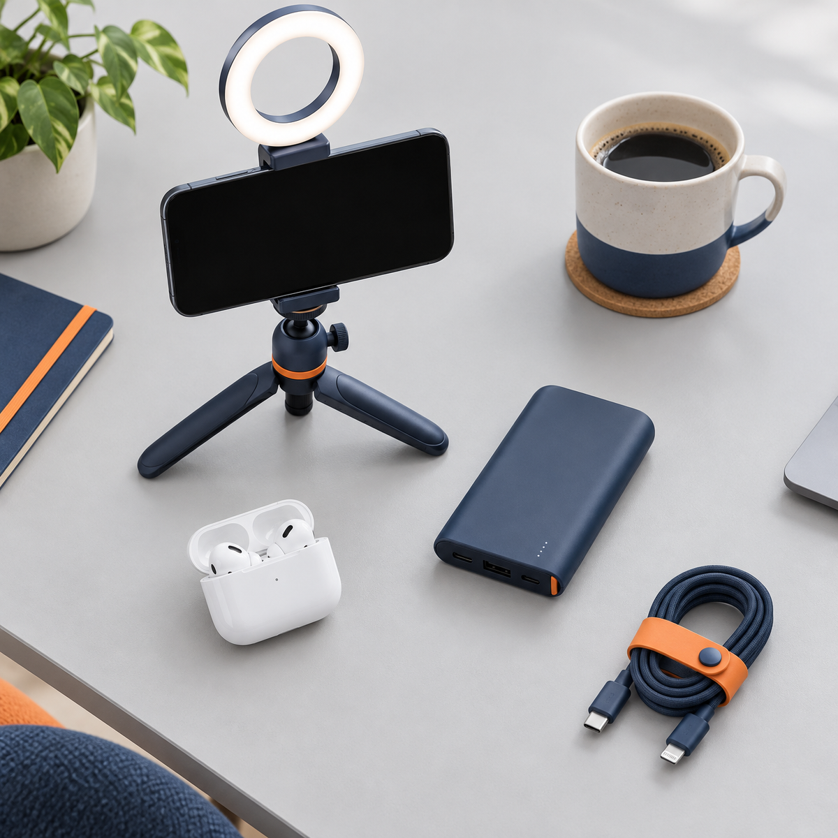 Tech gadgets flat lay with phone tripod and accessories
