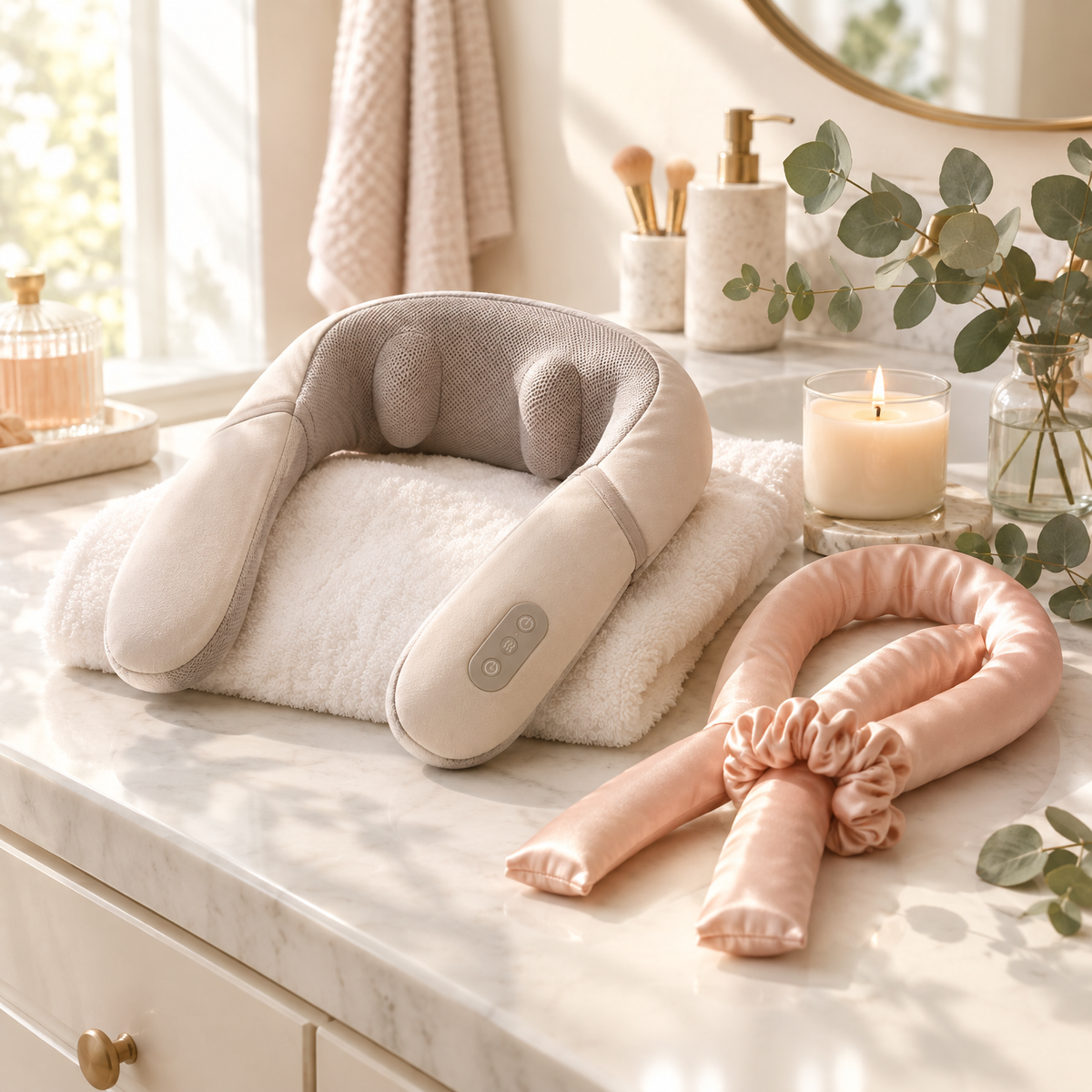 Self-care vanity with a neck massager, towel and candle
