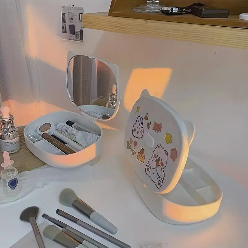 Compact Desktop Mirror with Jewelry Storage Box for Travel